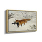 Angled view of Fox in Snow Landscape, 1900 by Bruno Liljefors in a natural wood floater framed canvas.