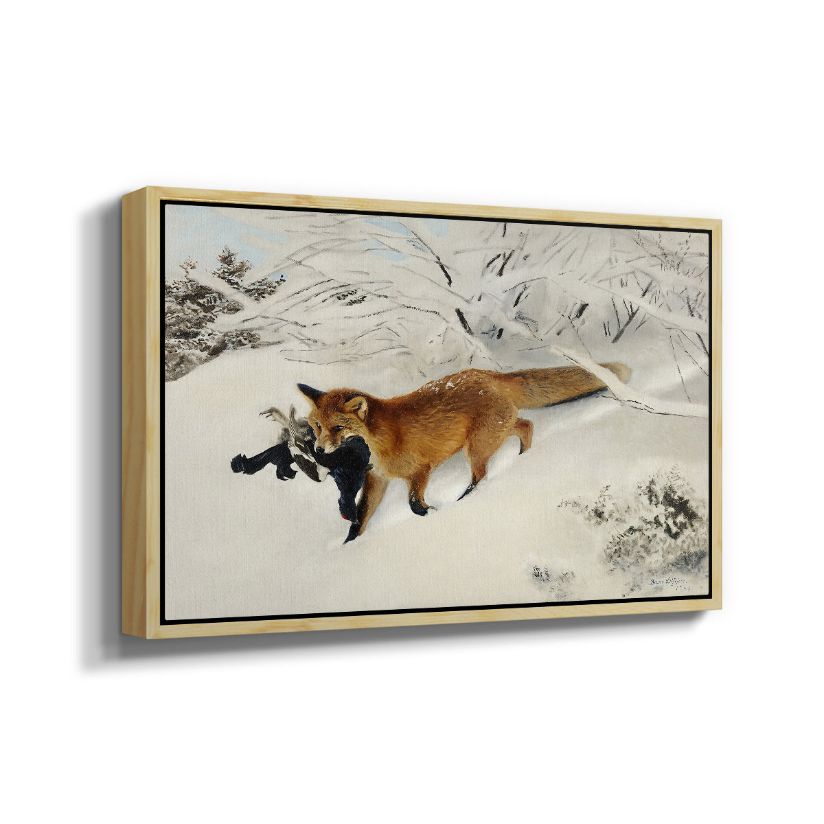 Angled view of Fox in Snow Landscape, 1900 by Bruno Liljefors in a natural wood floater framed canvas.