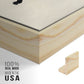 Close-up of the natural wood floater frame corner and gallery wrapped canvas construction.