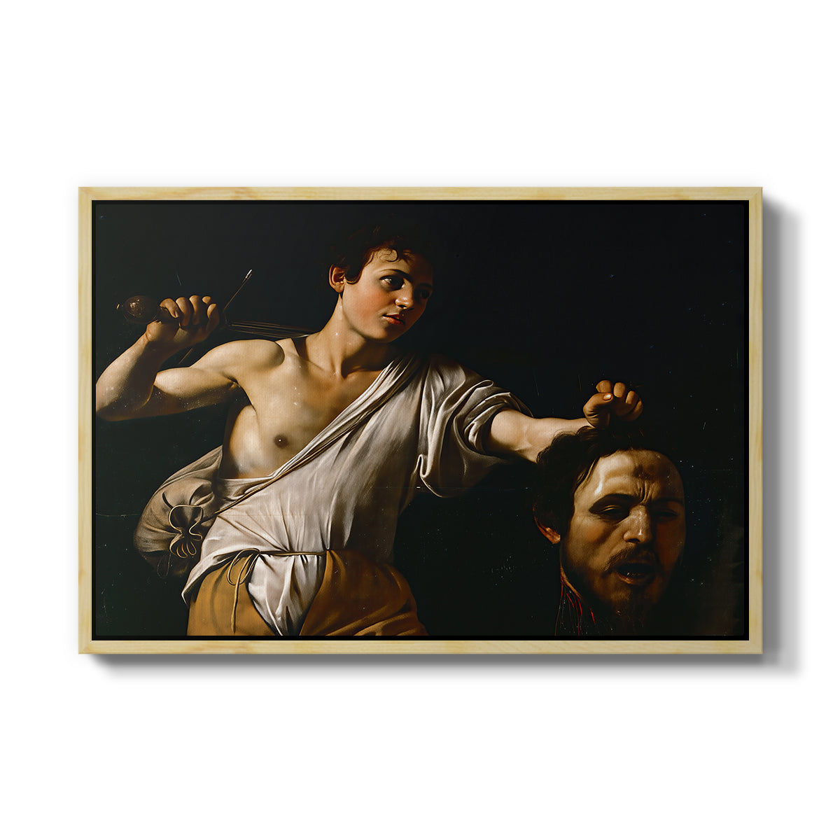 David with the Head of Goliath (Vienna Version), c. 1607 by Caravaggio in a natural wood floater framed canvas wall art display.