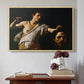 Natural wood floater framed canvas featuring David with the Head of Goliath (Vienna Version), c. 1607 by Caravaggio above an entryway table in a minimalist foyer.