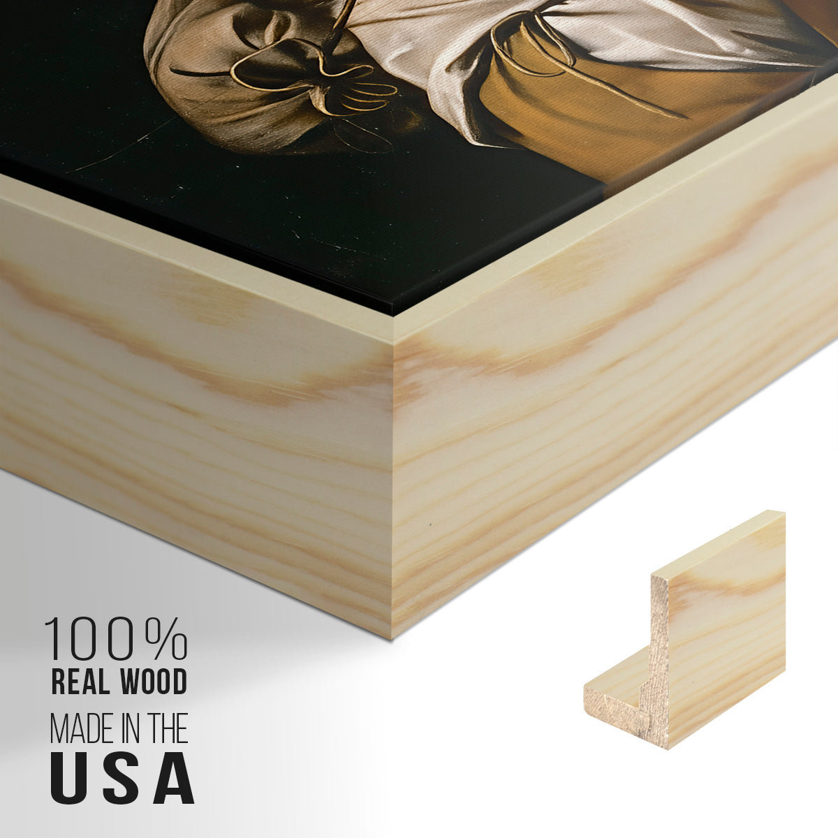 Close-up of the natural wood floater frame corner and gallery wrapped canvas construction.