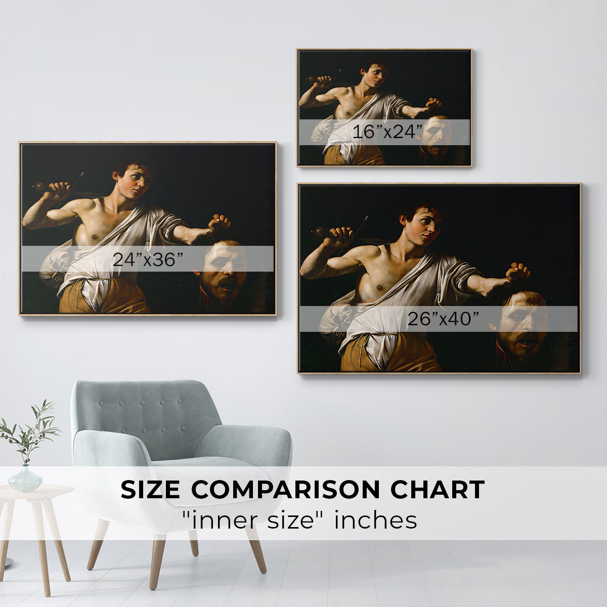 Size comparison chart for natural wood floater framed canvas featuring David with the Head of Goliath (Vienna Version), c. 1607 by Caravaggio.