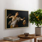 David with the Head of Goliath (Vienna Version), c. 1607 by Caravaggio, presented in a natural wood floater framed canvas featuring a young David holding the severed head of Goliath against a dark background, displayed above a hallway console table.