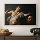 David with the Head of Goliath (Vienna Version), c. 1607 by Caravaggio in a natural wood floater framed canvas displayed above a console table in a hallway, featuring an intense religious scene with figure emerging from darkness holding trophy.