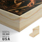 Close-up of the natural wood floater frame corner and gallery wrapped canvas construction.