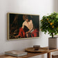 Saint John the Baptist in the Wilderness, c. 1603-1604 by Caravaggio, presented in a natural wood floater framed canvas featuring a young Saint John seated in wilderness with staff and red drapery, displayed above a hallway console table.