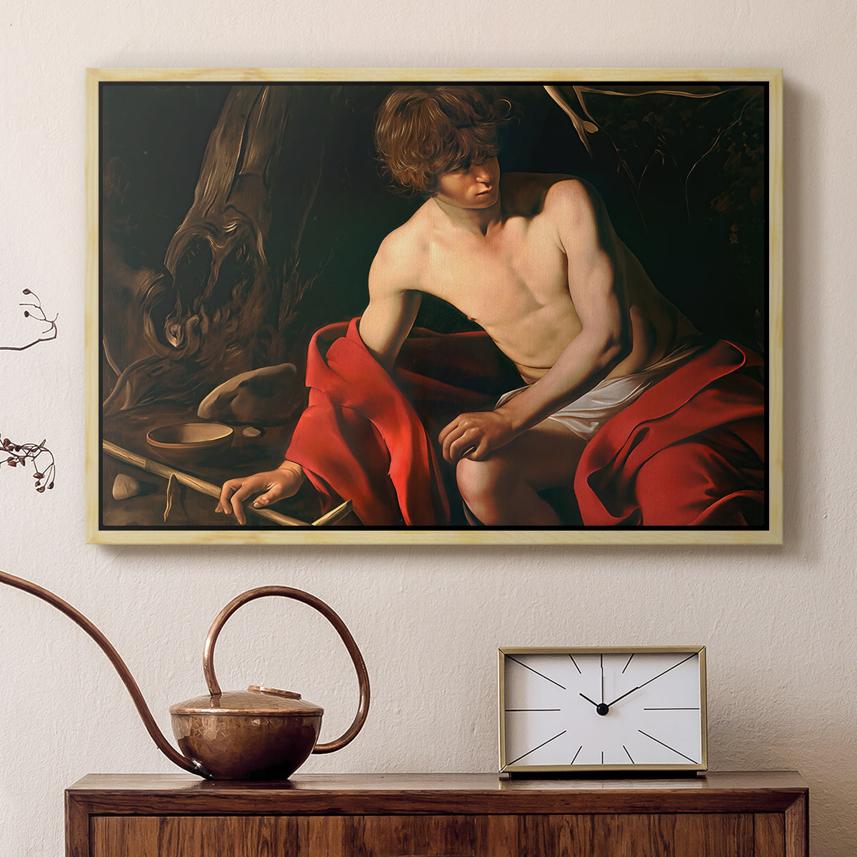 Natural wood floater framed canvas featuring a biblical youth seated outdoors with symbolic staff and minimal landscape, displayed above a cabinet in a soft-toned living room.