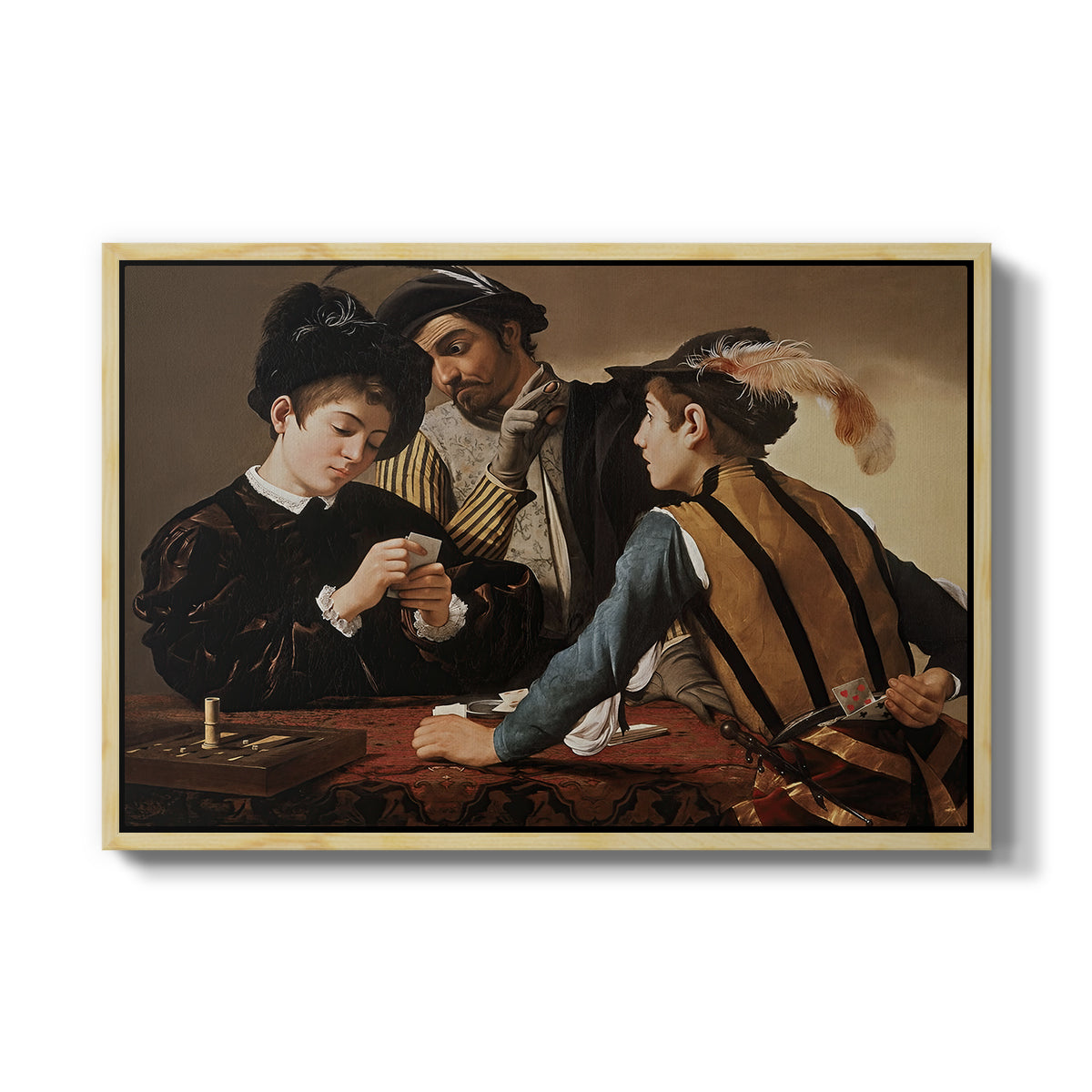The Cardsharps, c. 1594 by Caravaggio in a natural wood floater framed canvas wall art display.