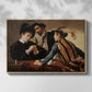 Front view of The Cardsharps, c. 1594 by Caravaggio in a natural wood floater framed canvas.