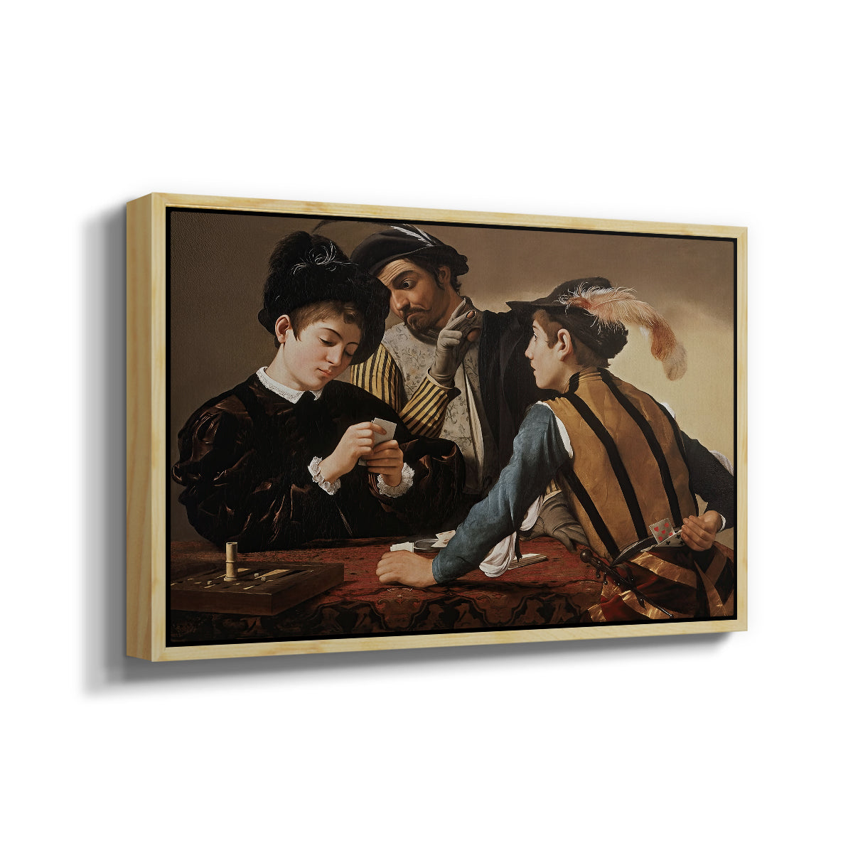 Angled view of The Cardsharps, c. 1594 by Caravaggio in a natural wood floater framed canvas.