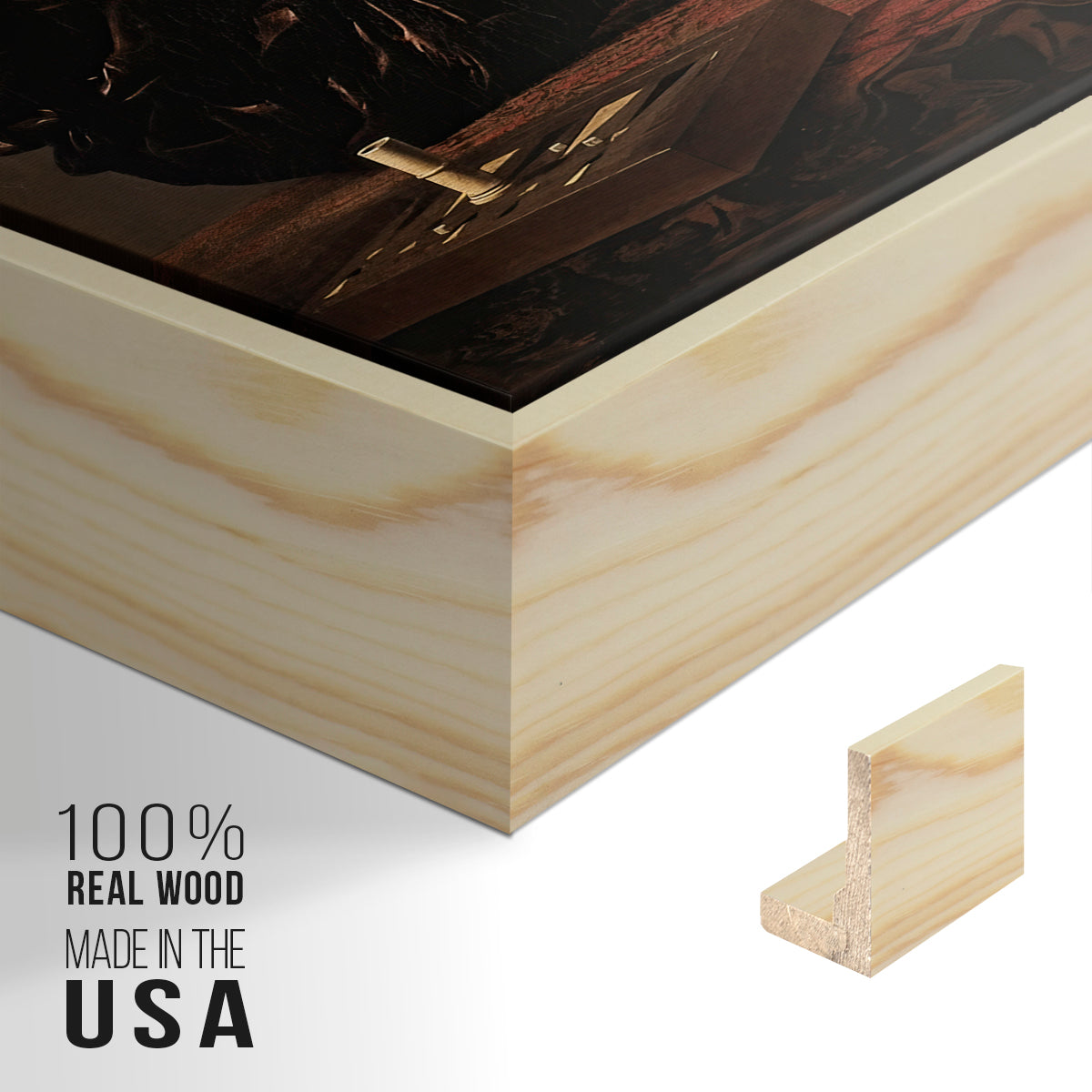 Close-up of the natural wood floater frame corner and gallery wrapped canvas construction.
