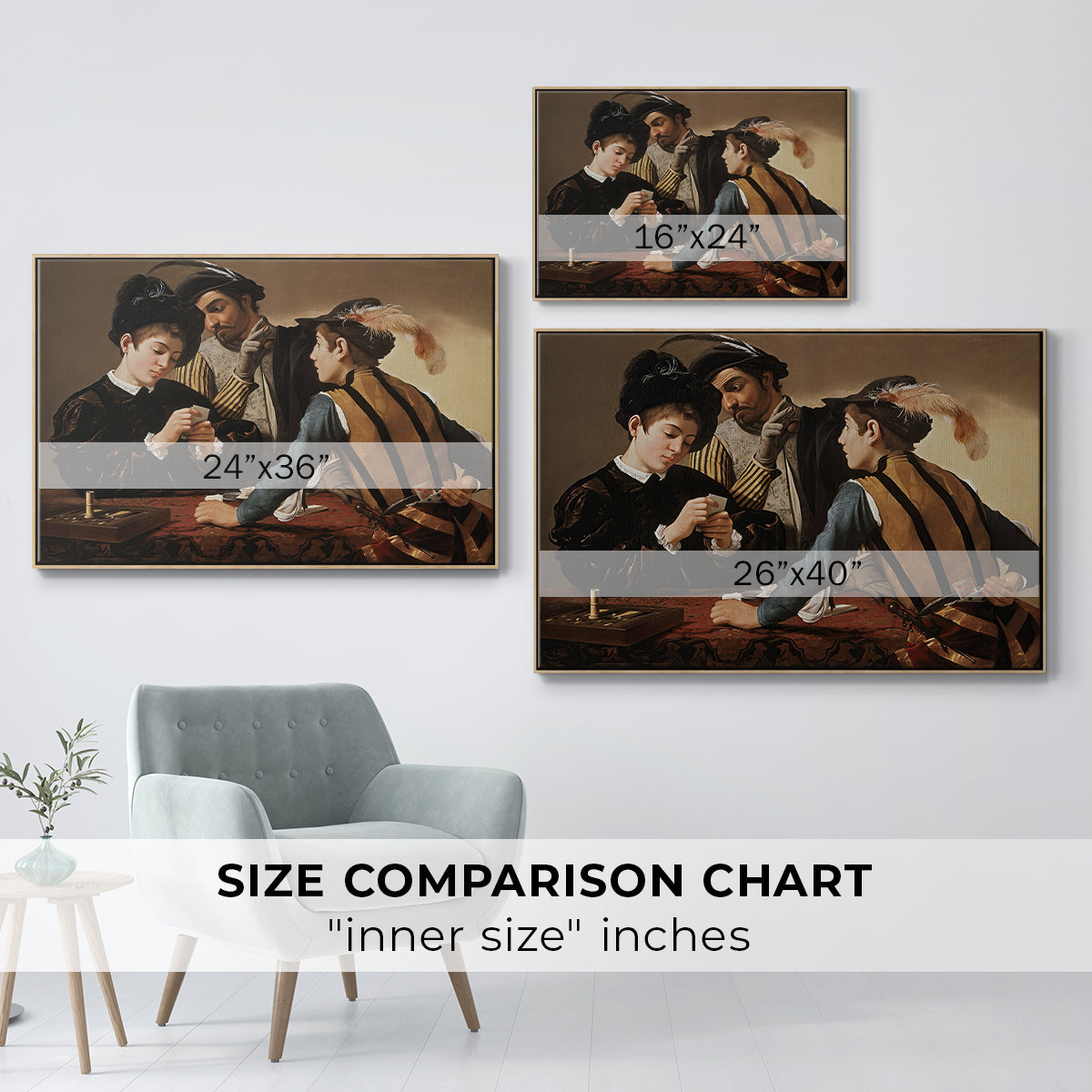 Size comparison chart for natural wood floater framed canvas featuring The Cardsharps, c. 1594 by Caravaggio.