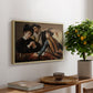 The Cardsharps, c. 1594 by Caravaggio, presented in a natural wood floater framed canvas featuring two men cheating at cards while a third figure secretly observes behind them, displayed above a hallway console table.