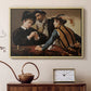 Natural wood floater framed canvas featuring a young men playing cards with one cheating and another watching closely, displayed above a cabinet in a soft-toned living room.