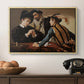 The Cardsharps, c. 1594 by Caravaggio in a natural wood floater framed canvas displayed above a console table in a hallway, featuring a dramatic interior scene of gambling and trickery among figures.