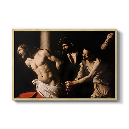 The Flagellation of Christ at the Column (Rouen Version), 1606 by Caravaggio in a natural wood floater framed canvas wall art display.