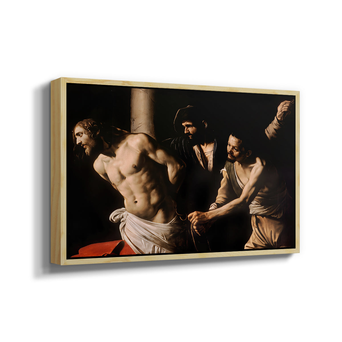 Angled view of The Flagellation of Christ at the Column (Rouen Version), 1606 by Caravaggio in a natural wood floater framed canvas.