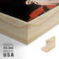 Close-up of the natural wood floater frame corner and gallery wrapped canvas construction.