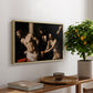The Flagellation of Christ at the Column (Rouen Version), 1606 by Caravaggio, presented in a natural wood floater framed canvas featuring Christ bound to column while being whipped by surrounding figures, displayed above a hallway console table.