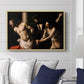 The Flagellation of Christ at the Column (Rouen Version), 1606 by Caravaggio displayed above a sofa in a living room in a natural wood floater frame, featuring a dramatic religious scene of Christ enduring flagellation in dark interior.