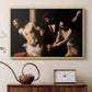Natural wood floater framed canvas featuring a biblical depiction of men whipping Christ tied to pillar, displayed above a cabinet in a soft-toned living room.