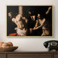 The Flagellation of Christ at the Column (Rouen Version), 1606 by Caravaggio in a natural wood floater framed canvas displayed above a console table in a hallway, featuring an intense Baroque scene of suffering with strong light and shadow.