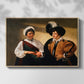 Front view of The Fortune Teller (Louvre Version), c. 1595 by Caravaggio in a natural wood floater framed canvas.