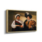 Angled view of The Fortune Teller (Louvre Version), c. 1595 by Caravaggio in a natural wood floater framed canvas.