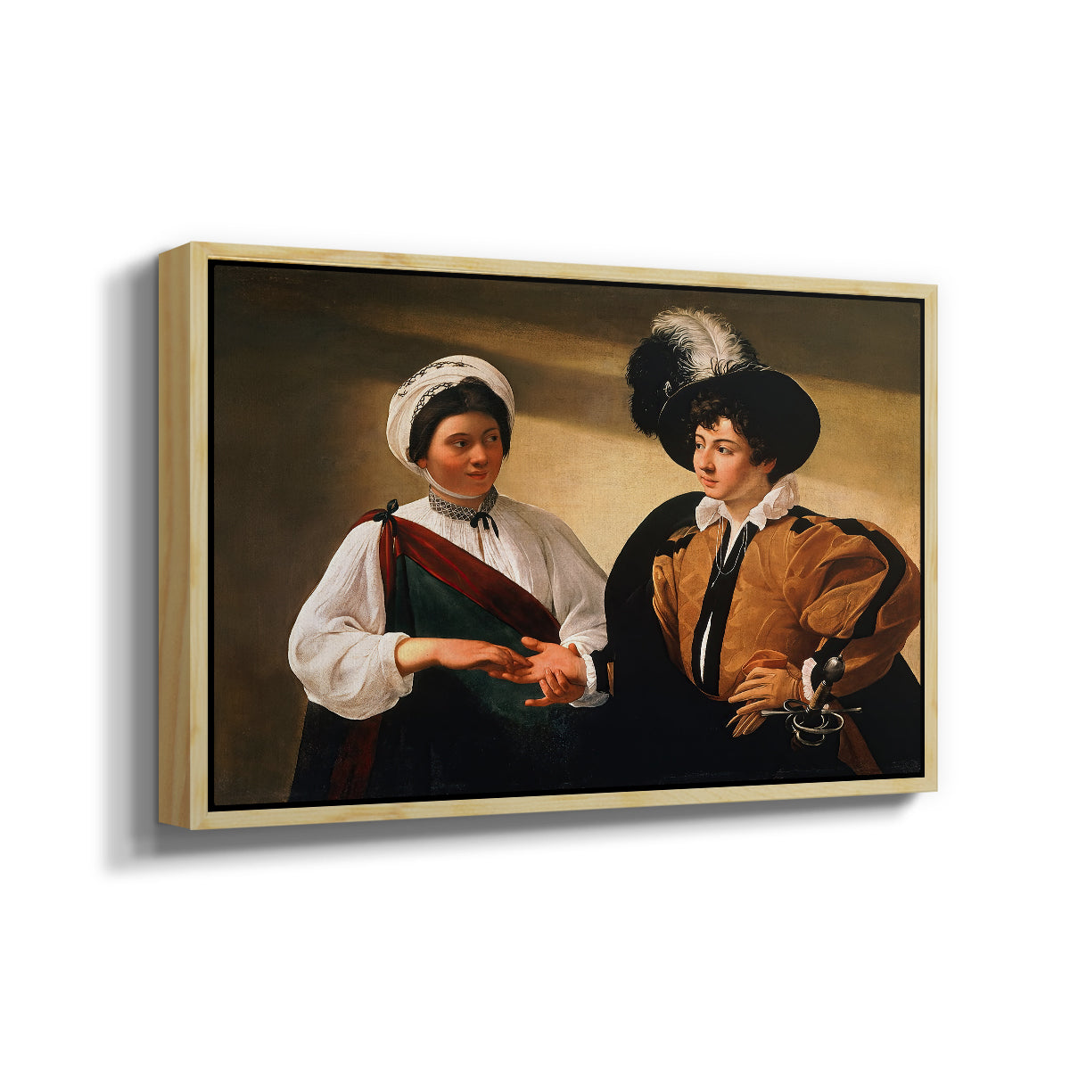Angled view of The Fortune Teller (Louvre Version), c. 1595 by Caravaggio in a natural wood floater framed canvas.