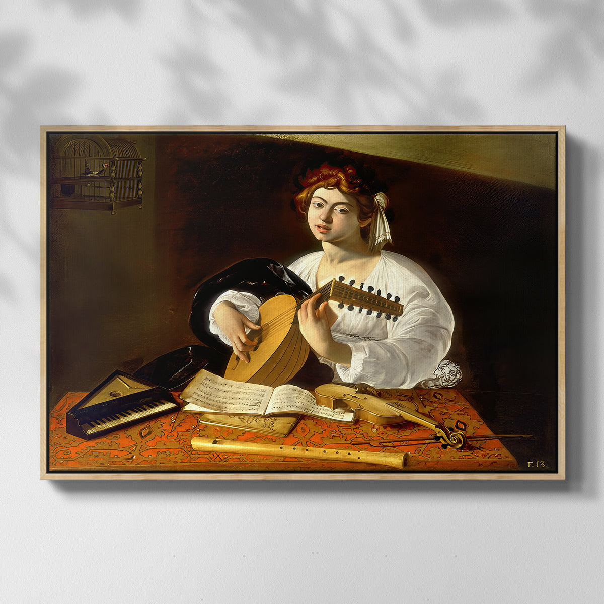 Front view of The Lute Player (Wildenstein Version), c. 1596 by Caravaggio in a natural wood floater framed canvas.
