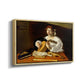 Angled view of The Lute Player (Wildenstein Version), c. 1596 by Caravaggio in a natural wood floater framed canvas.