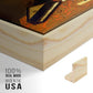 Close-up of the natural wood floater frame corner and gallery wrapped canvas construction.