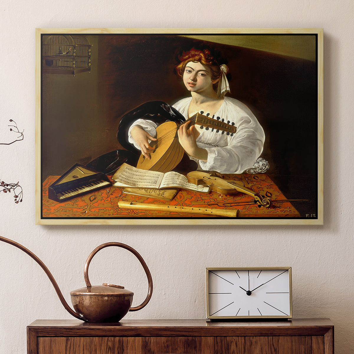 Natural wood floater framed canvas featuring a detailed scene of youth playing string instrument with fruit and flowers nearby, displayed above a cabinet in a soft-toned living room.