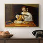 The Lute Player (Wildenstein Version), c. 1596 by Caravaggio in a natural wood floater framed canvas displayed above a console table in a hallway, featuring an intimate portrait of musician with still life elements.