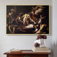 Natural wood floater framed canvas featuring The Martyrdom of Saint Matthew, 1599-1600 by Caravaggio above an entryway table in a minimalist foyer.