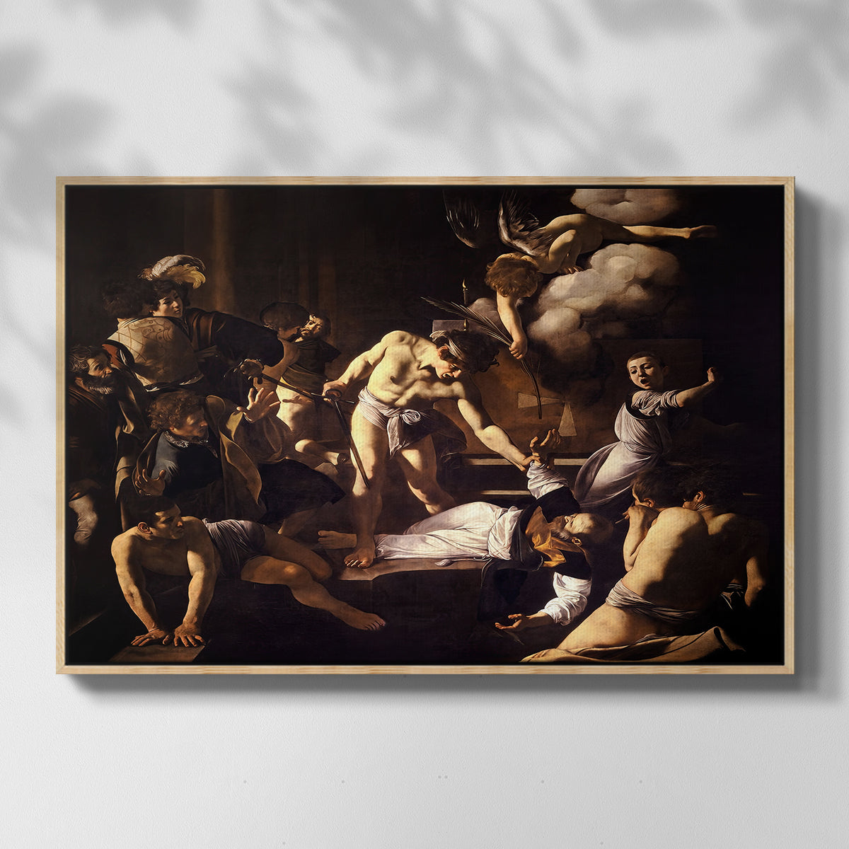 Front view of The Martyrdom of Saint Matthew, 1599-1600 by Caravaggio in a natural wood floater framed canvas.