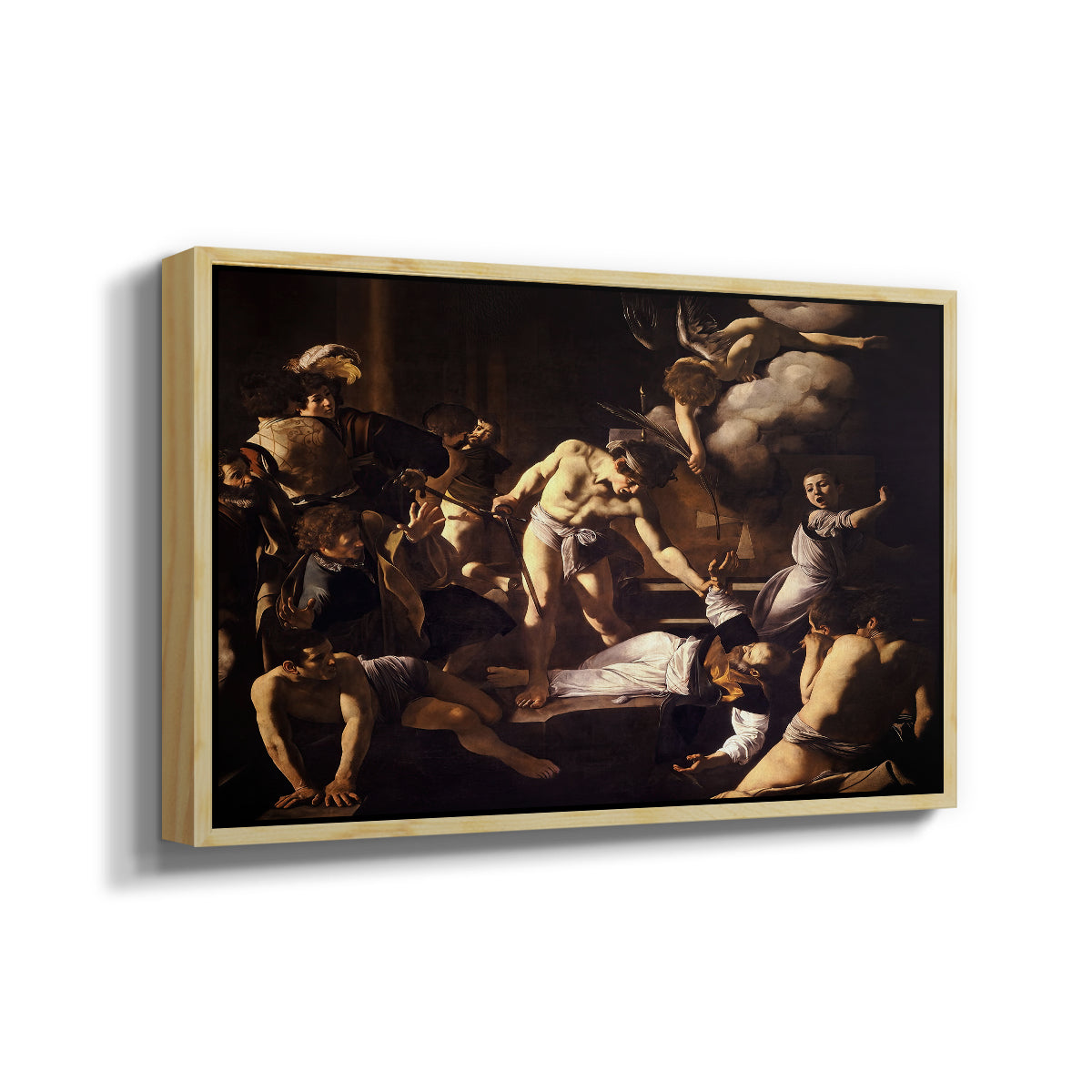 Angled view of The Martyrdom of Saint Matthew, 1599-1600 by Caravaggio in a natural wood floater framed canvas.