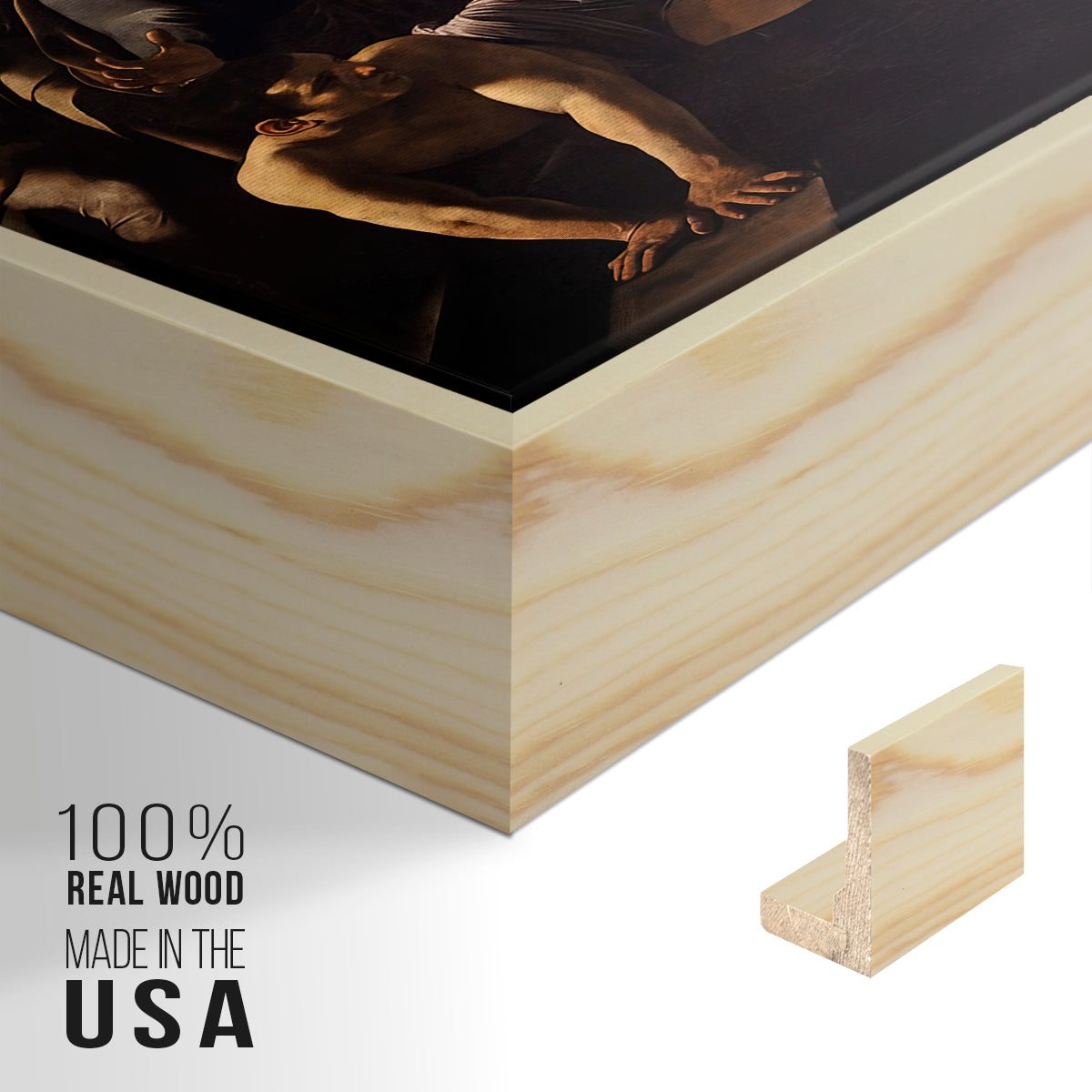 Close-up of the natural wood floater frame corner and gallery wrapped canvas construction.