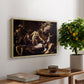 The Martyrdom of Saint Matthew, 1599-1600 by Caravaggio, presented in a natural wood floater framed canvas featuring a chaotic scene of Saint Matthew being attacked by executioner in church, displayed above a hallway console table.
