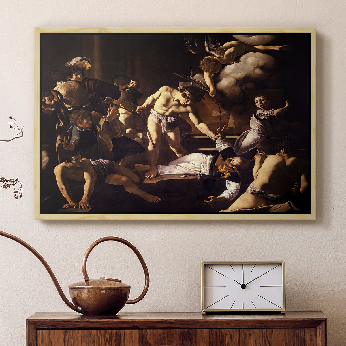 Natural wood floater framed canvas featuring a religious narrative showing violent attack on saint in crowded setting, displayed above a cabinet in a soft-toned living room.