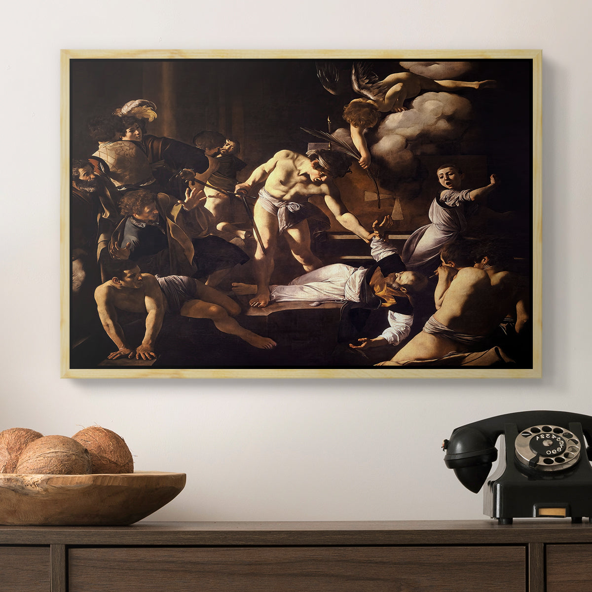The Martyrdom of Saint Matthew, 1599-1600 by Caravaggio in a natural wood floater framed canvas displayed above a console table in a hallway, featuring a Baroque composition of movement and emotion during martyrdom.
