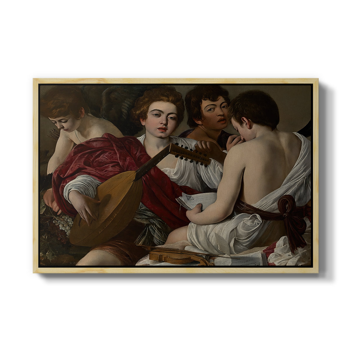 The Musicians, c. 1595 by Caravaggio in a natural wood floater framed canvas wall art display.