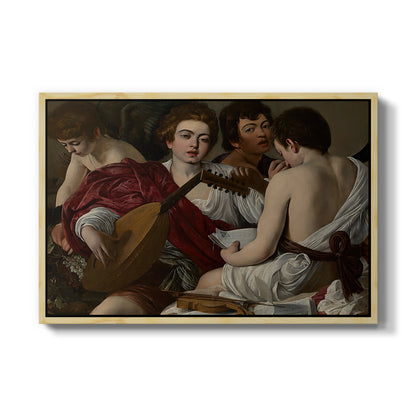 The Musicians, c. 1595 by Caravaggio in a natural wood floater framed canvas wall art display.