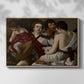 Front view of The Musicians, c. 1595 by Caravaggio in a natural wood floater framed canvas.