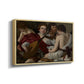 Angled view of The Musicians, c. 1595 by Caravaggio in a natural wood floater framed canvas.