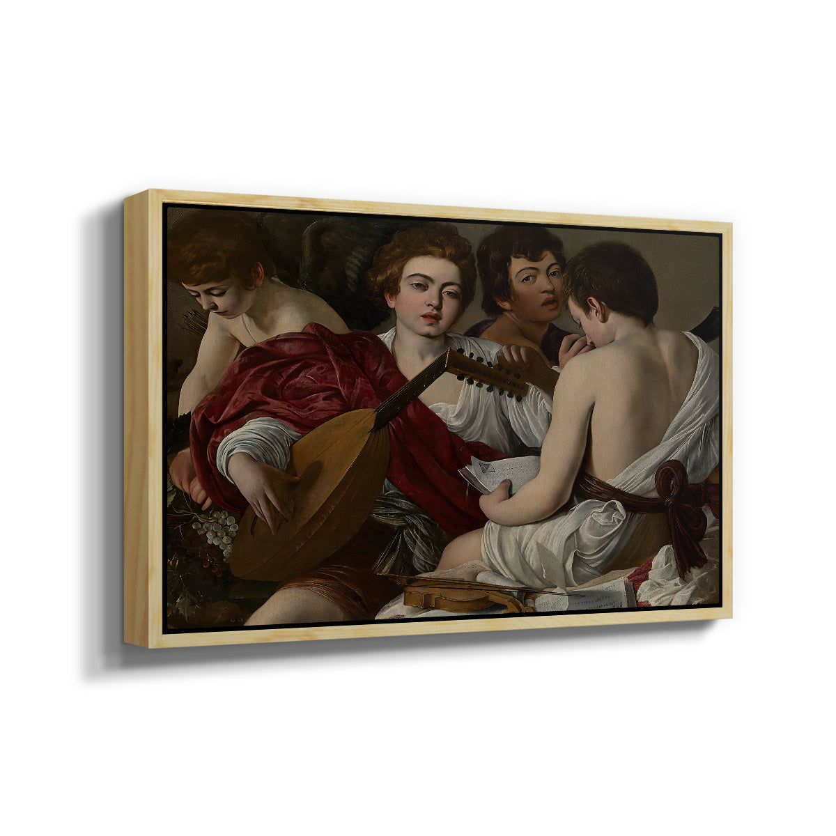 Angled view of The Musicians, c. 1595 by Caravaggio in a natural wood floater framed canvas.