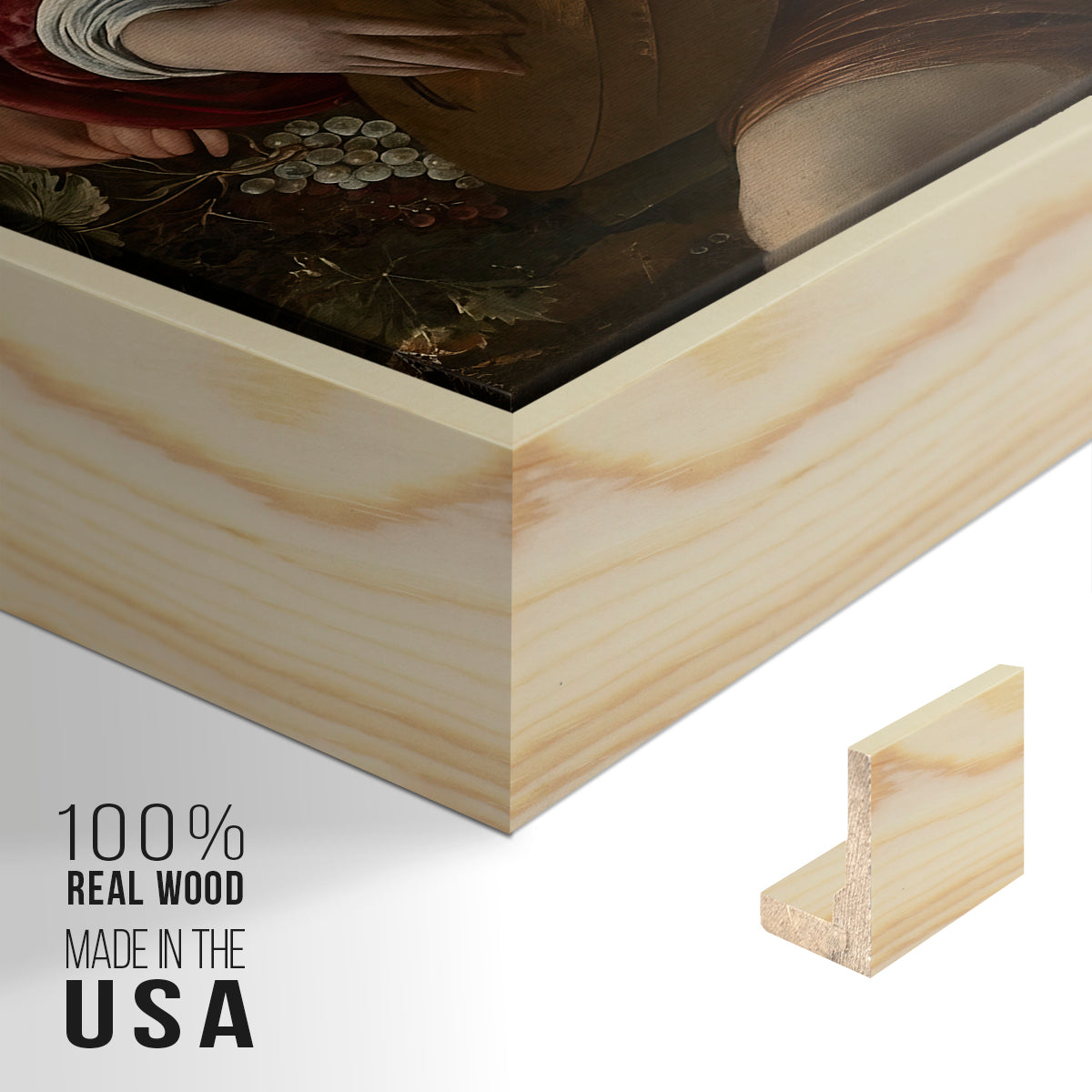 Close-up of the natural wood floater frame corner and gallery wrapped canvas construction.