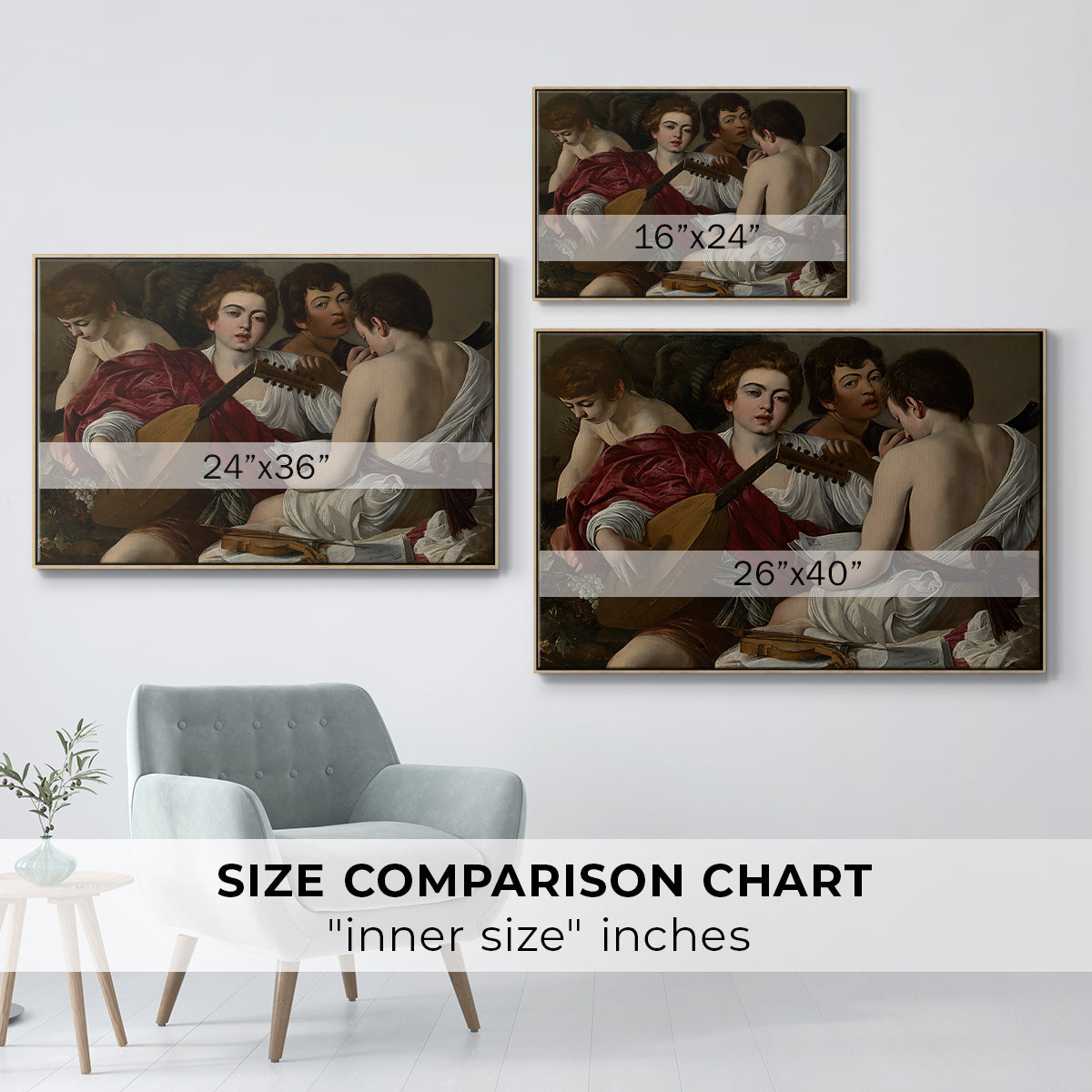 Size comparison chart for natural wood floater framed canvas featuring The Musicians, c. 1595 by Caravaggio.