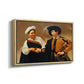 Angled view of The Fortune Teller (Capitoline Version), c. 1599 by Caravaggio in a natural wood floater framed canvas.